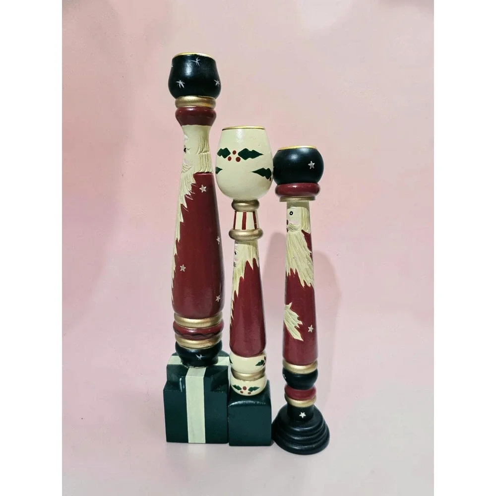 Set of 3 HOUSE OF LLOYD Christmas Around The World Wooden Candlestick Holders